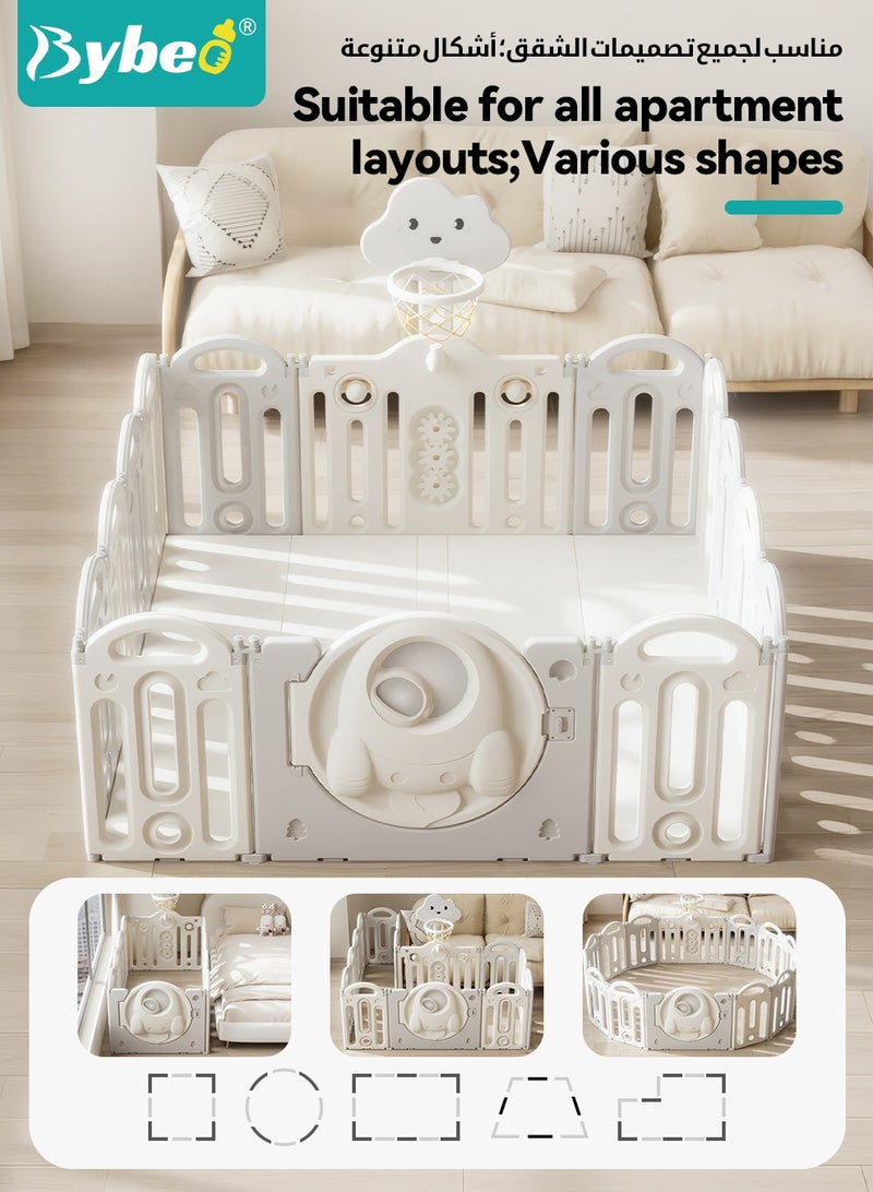 Bybeo Baby Playpen Fence with Playmat, Baby Playards for Toddlers with Gate and Game Board, Sturdy Infant Play Area, Toddler Activity Center with Basketball Hoop and 3PCS Baby Rattle Toys, Indoor & Outdoor Use 18 Panels - Image 4